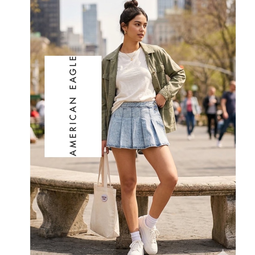 American Eagle Pleated Denim Mini Skort Light Acid Wash High Waisted Size 12 31W